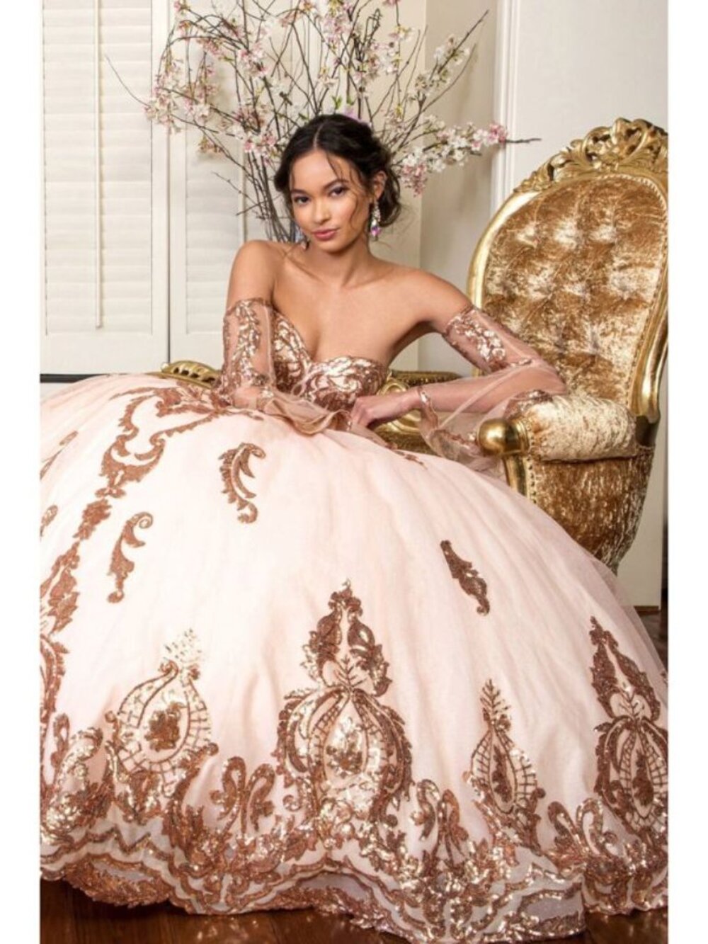 Clearance Champagne 2XL Sequin Print Strapless Ball Gown by Elizabeth K GL1914